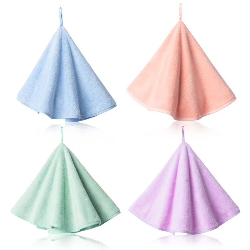 

4Pcs Hanging Hand Towels Round Coral Fleece Hanging Loop Rag Pink Purple Blue Green Absorbent Rag Kitchen Bathroom Accessories