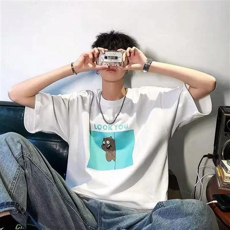 

Korean Version Spring Summer Hip-hop Cartoon Battery Grid Short-sleeved 3D Printing Casual Watermelon Letters Cotton Top T-shirt