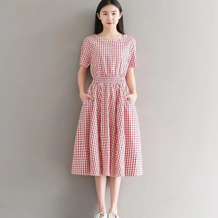 

New Preppy Style 100% cotton literary lattice summer dress 2020 vintage red plaid elastic waist female robe casual women dress