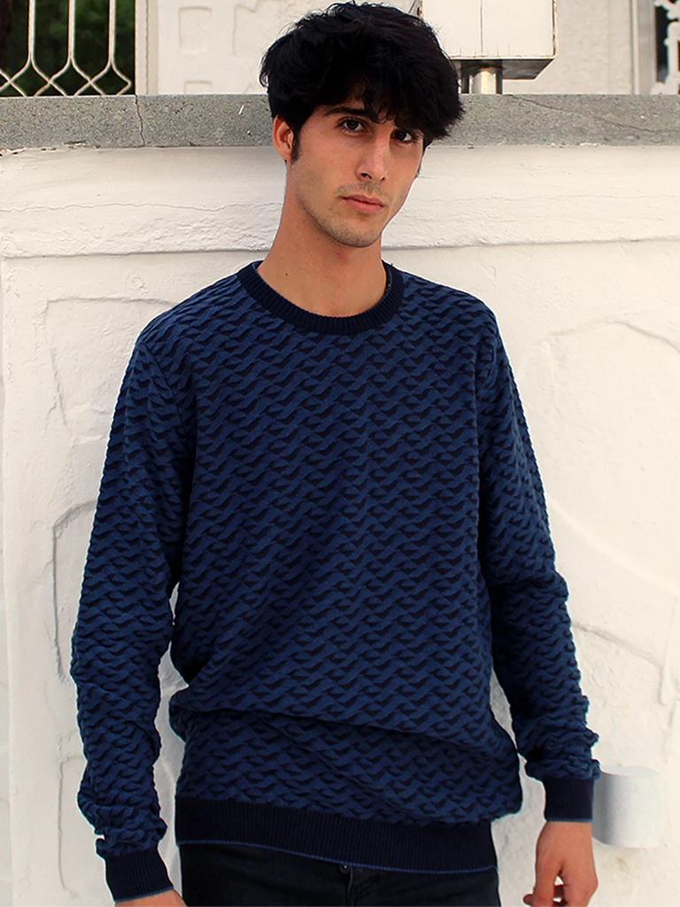 

Patterned Navy Blue Mens Crew Neck Sweater