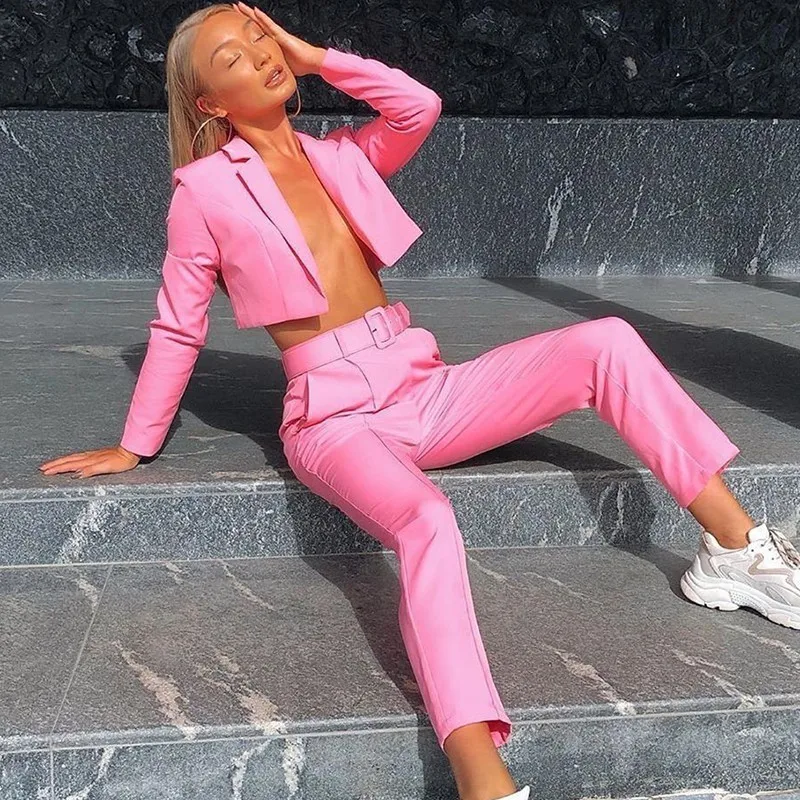 

Pink Casual Women Suits Office Sets Orange Suit Female 2021 Crop Top And Pant Suits For Women Blazer Sets
