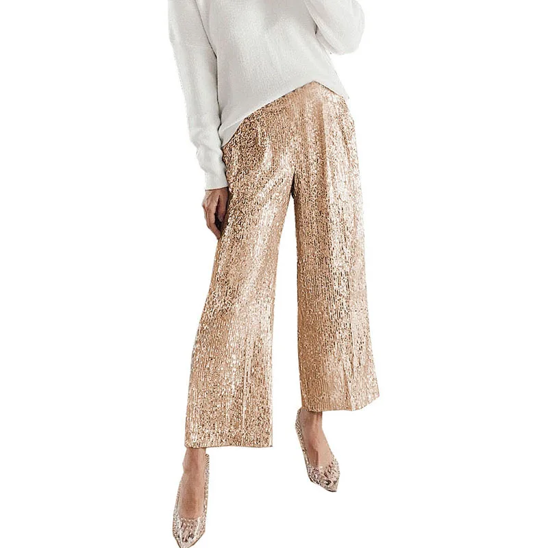 

Sequined Shiny Stretch Wide Leg Pants Women Casual Party Harem Pants High Waist Trousers Streetwear