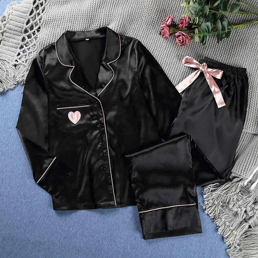 

black simple autumn winter new love embroidery women's pajamas two piece Satin Long Sleeve loose home clothes