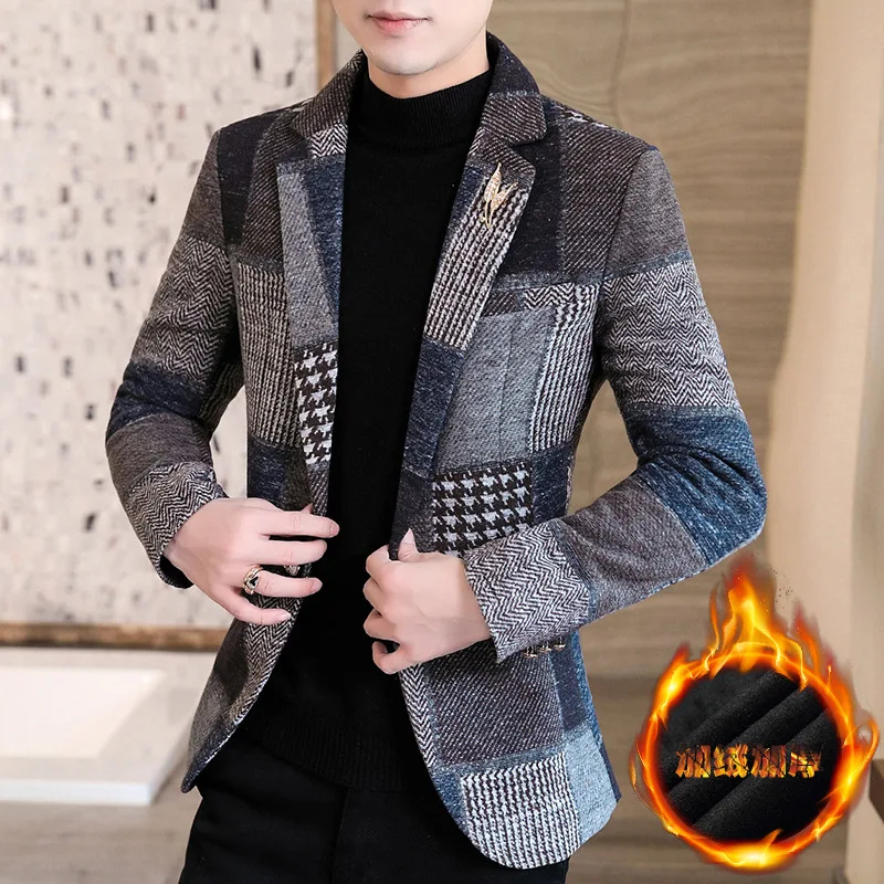 Мужской зимний жаккардовый однотонный плотный Блейзер Молодежный приталенный