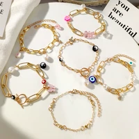 flatfoosie golden yin yang beads metal chain bracelets for women trendy butterfly evil eye pearl charm bracelet 2022 new jewelry