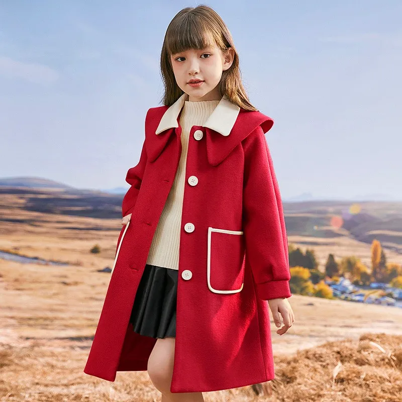 

3 5 7 9 11 12 14 Years Girls Elegant Woolen Coat Autumn Winter Single Breasted Knee Length Overcoats Children Casual Jackets