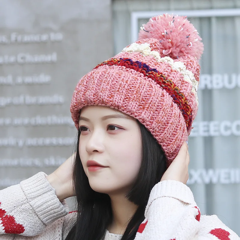 2021 New Korean Women's Hat Winter Plus Velvet Cold-Proof Ear Protection Woolen Fashion Color Matching Thick Knitted | Аксессуары