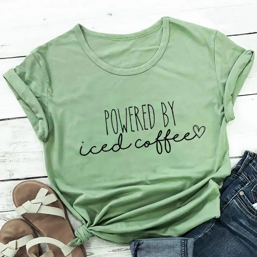 

Powered by Iced Coffee 100%Cotton Women Tshirt Cool Girls Funny Summer Casual Short Sleeve Top Coffee Lovers Shirt Gift for Her