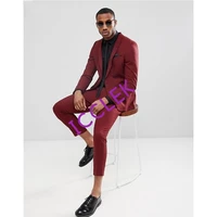 handsome burgundy one button mens suits slim fit groomsmen wedding tuxedos for men blazers peaked lapel prom suit jacket pants