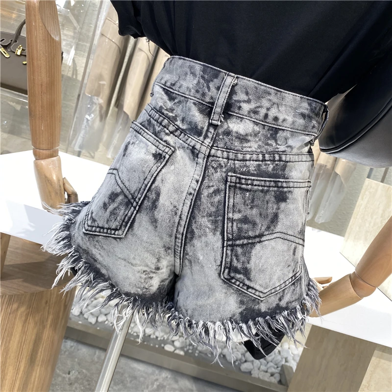 

Ripped Tassel Washed Denim Shorts Contrast Color Slimming Straight Leg Jeans Female High Waist Shorts Wide Leg Denim Pants