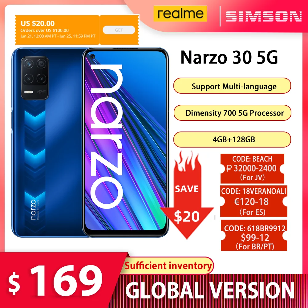 Глобальная версия realme narzo 30 5G смартфон 4 Гб 128 Тонкий & светильник дизайн Dimensity 700
