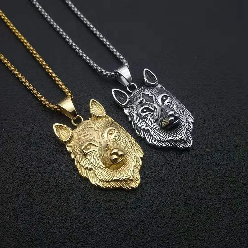 

Men Hip hop Stainless Steel Viking Wolf Head Pendant Necklace With Chain Iced Out Gold Color Animal Punk Style Jewelry