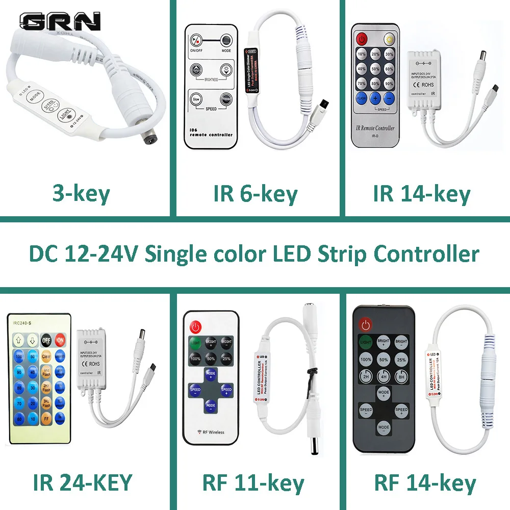 

DC 12V Single Color LED Strip Controller IR/RF Remote Control 3-key Adjust the Brightness of the Light Multiple Modes Dimmers