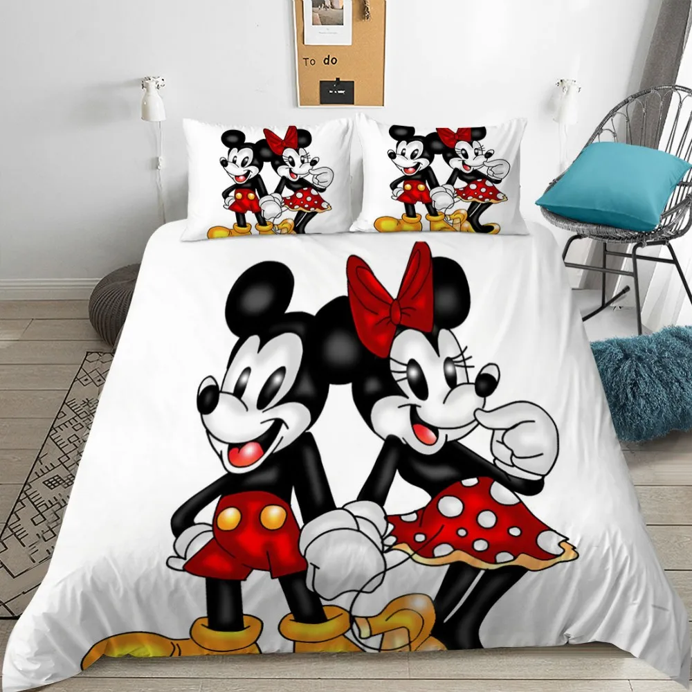 

Disney Mickey Bedding Set Cute Duvet Cover Pillowcases Queen King Size Kids 3 Pcs Bedroom Decor Black and White Bedding Set