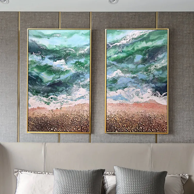 

Abstract Seascape oil painting hand painted canvas wall art original texture blue art beach pictures for living room home decor