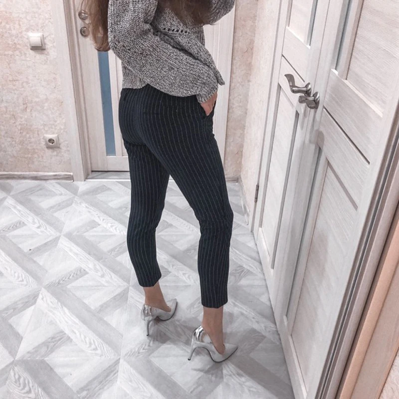 Брюки-карандаш женские в полоску с высокой талией карманами лето 2021 | Женская