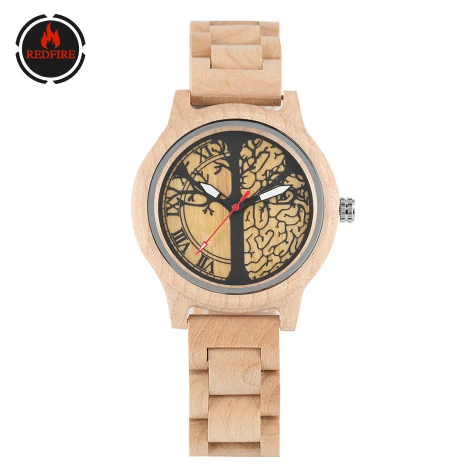 Красный огонь клена Для женщин часы печати Древо жизни Дисплей леди деревянные
