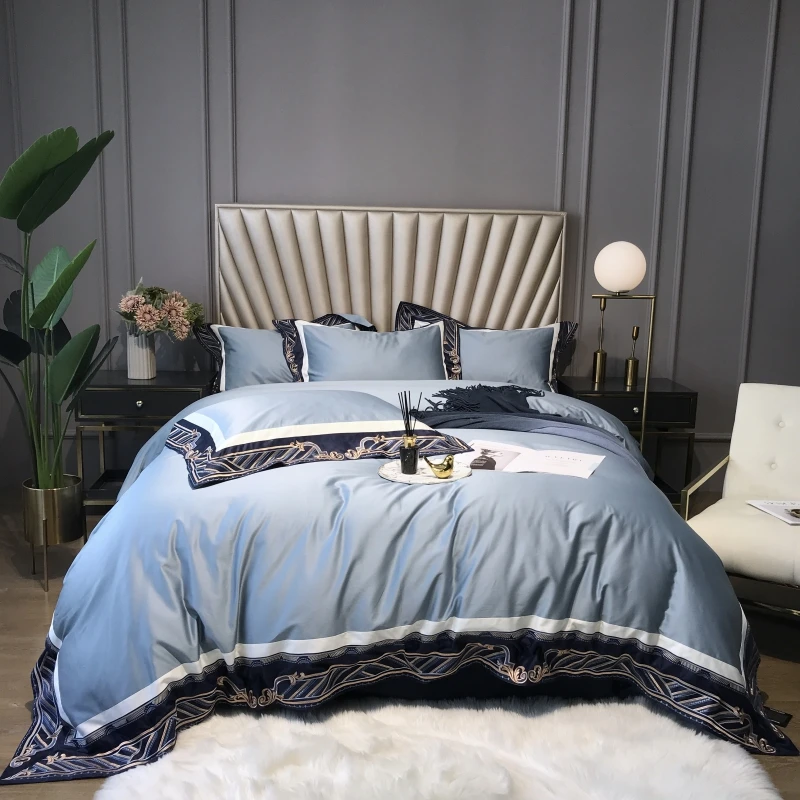 

1000TC Egyptian Cotton Bedlinen Blue Embroidery Duvet Cover Pillowcase Flat Sheet Queen King Size 4pcs