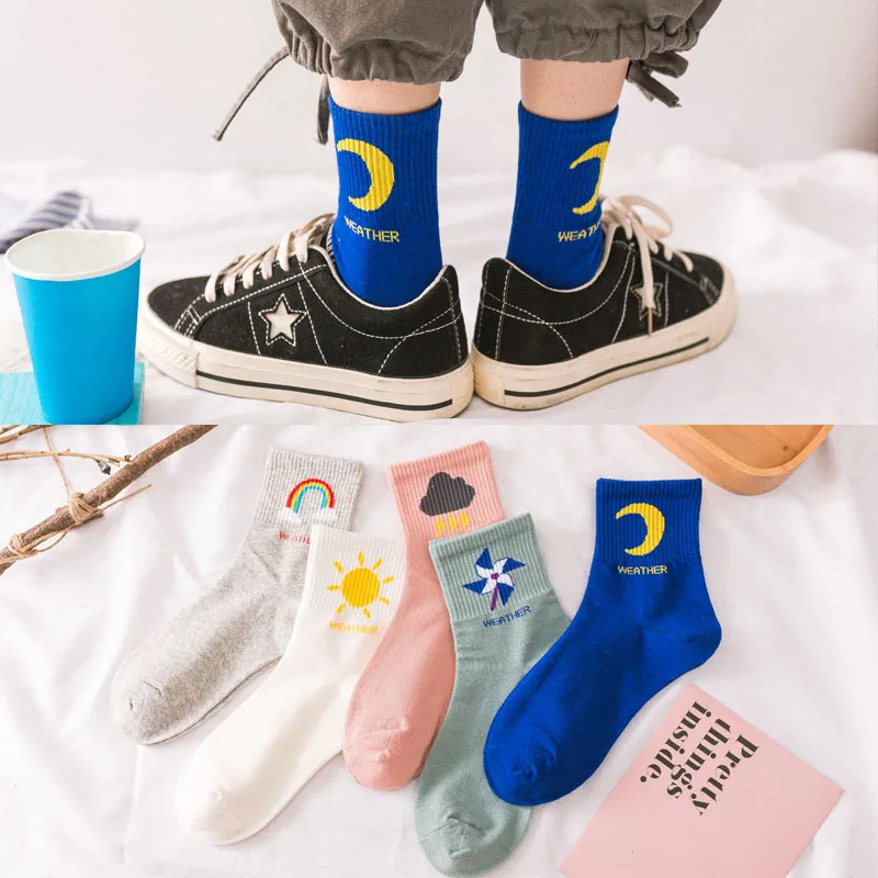 

2019 new fashion Korean women style long socks meia fun sun moon windmill rainbow pattern cotton socks cartoon weather hotsocks