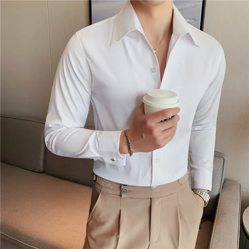 

Top Quality Autumn New Solid Long Sleeve Tuxedo Shirt Men Clothing 2021 Simple All Match Slim Fit Business Formal Wear Blouses