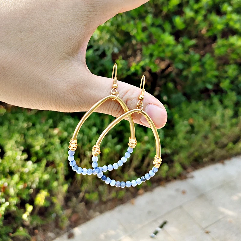 European and American retro style Earrings with natural stone beads sand gold color metal eardrop water drop earrings for girls | Украшения