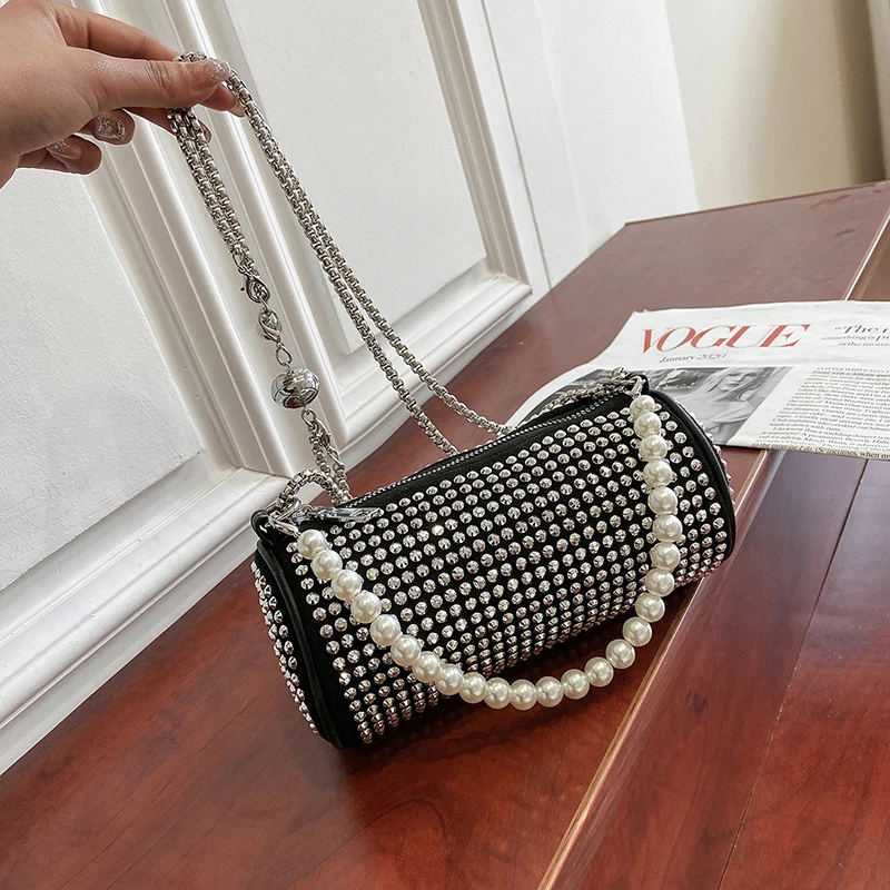 

Women Rivet Shoulder Chain Bag PU Leather Casual Pearl Messenger Handbag Youth Ladies Simple Versatile Pearl Handbag