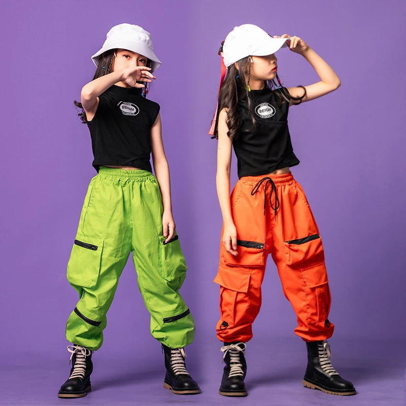 

Black Vest Casual Pants for Girls Modern Dancing Clothes Children's Hip-hop Jazz Dance Street Dance Performance Costumes XS1246