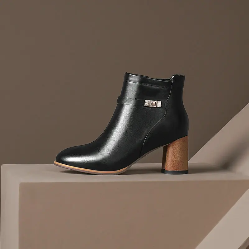 

Elegant Concise Shoes Woman Genuine Leather Female Side Zipper Thick high Heels Boots Winter Newest Working Ankle Boots