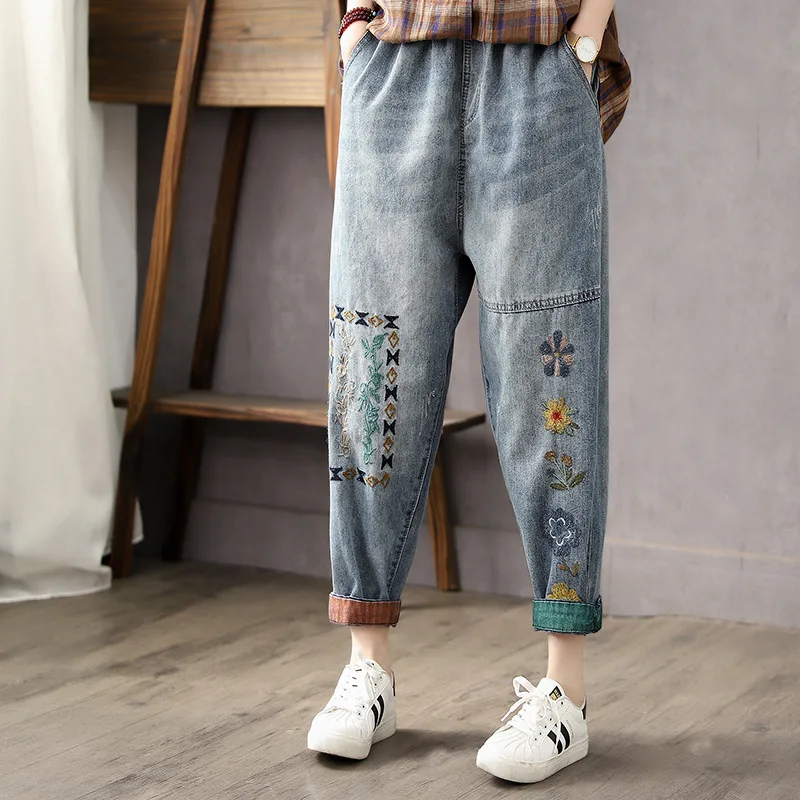 

Summer Women Jeans Vintage Elegant Colorful Floral Embroidery Elastic Waist Cowboy Scratch Bleached Light Blue Loose Denim Pants