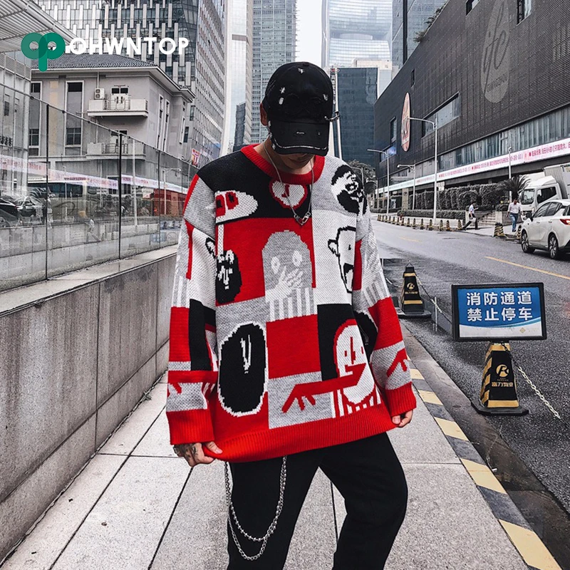 Мужской Повседневный свитер с рисунком из мультфильма вязаный пуловер принтом