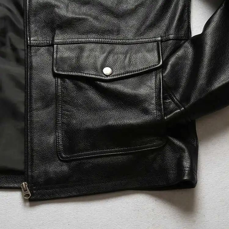 

AVFLY 2021 New Men Black Hooded Genuine Leather Jackets Tooling multi-pocket Casual Slim fit Cowhide Coats Jackets