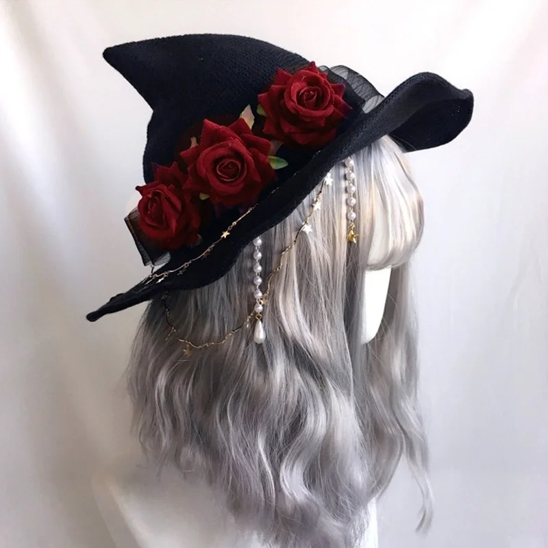 

Dark Girl Witch Parade Lolita Velvet Hat Wide Brim Rose Women Sharp Pointed for Party Anime Cosplay Costume Christmas