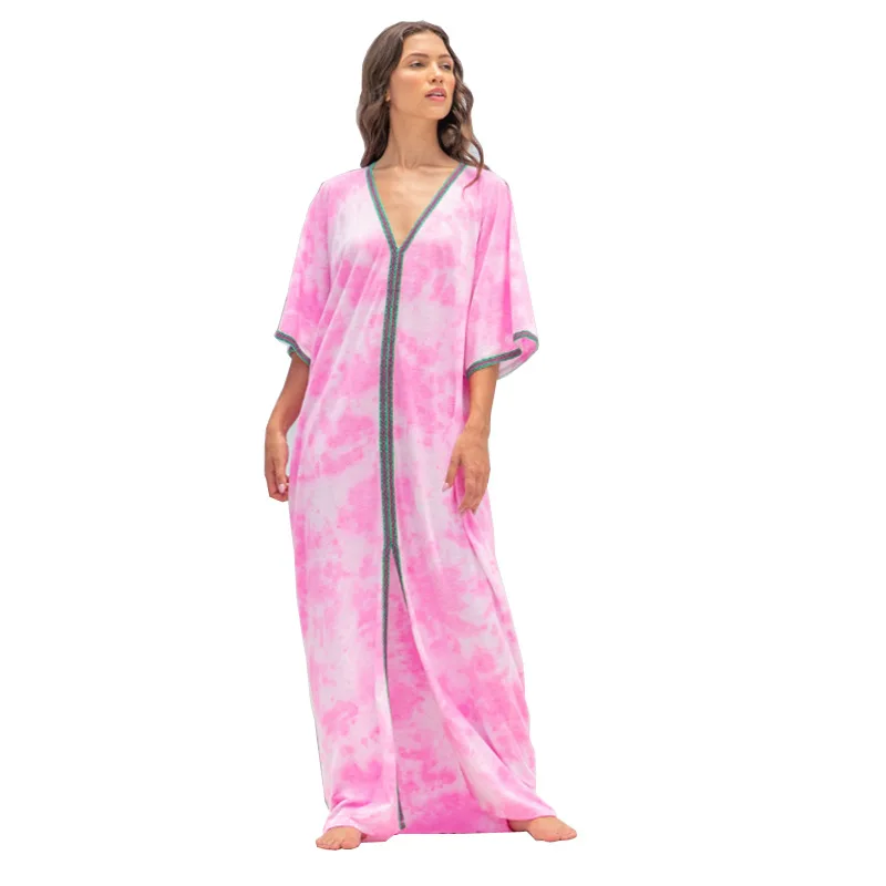 

2021 New Middle East Dubai Muslim Plus Size Women's V-neck Tie-dye Printed Robe Muslim Dress Clothes for Muslim Women