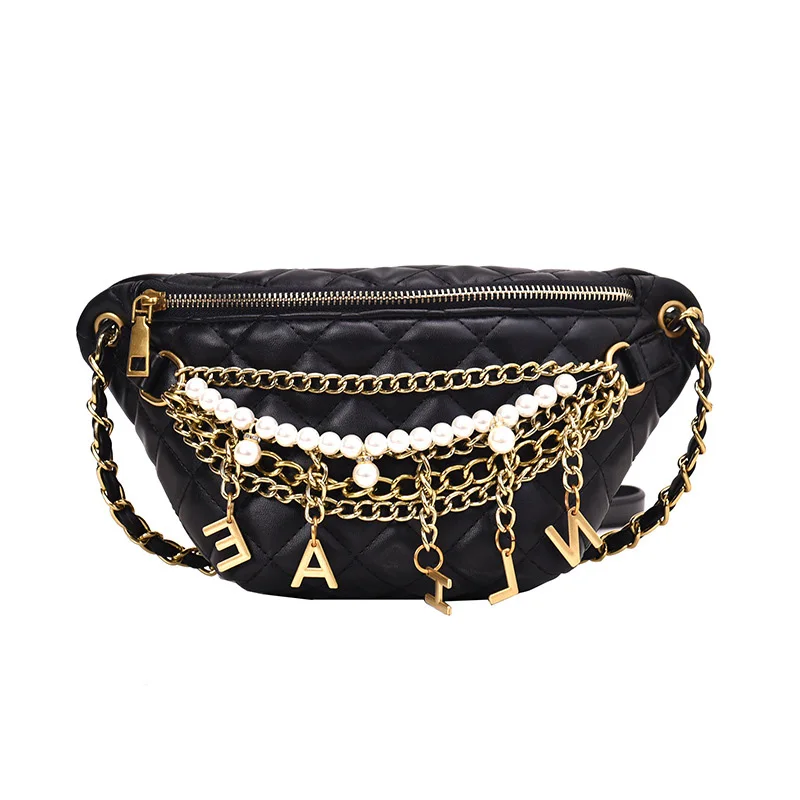 Black Waist pack Новая женская поясная сумка, модная кожаная поясная сумка, сумки на пояс, сумки на плечо с ромбовидной цепочкой, Женская нагрудная посылка - Цвет: Black Waist pack