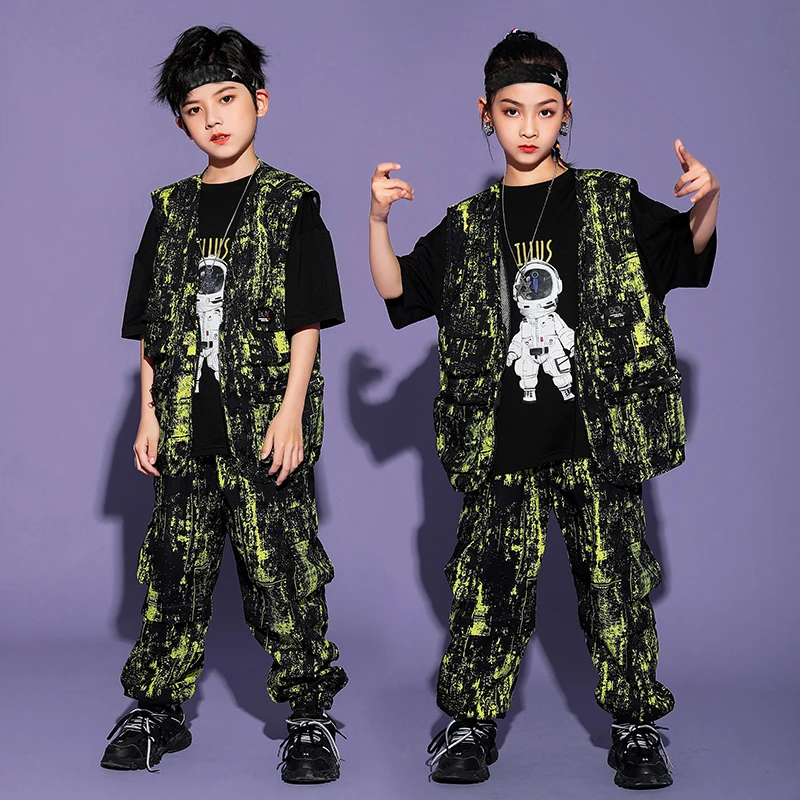 

Boys Jazz Dance Costume Hip Hop Girls Clothing Green Spray Paint Suit Costumes Hip-Hop Top Waistcoat Overalls Outfit XS2187