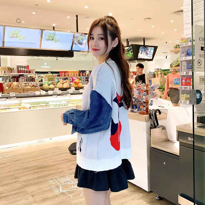 

Jacket Women's autumn and winter new loose sweater denim stitching cardigan top