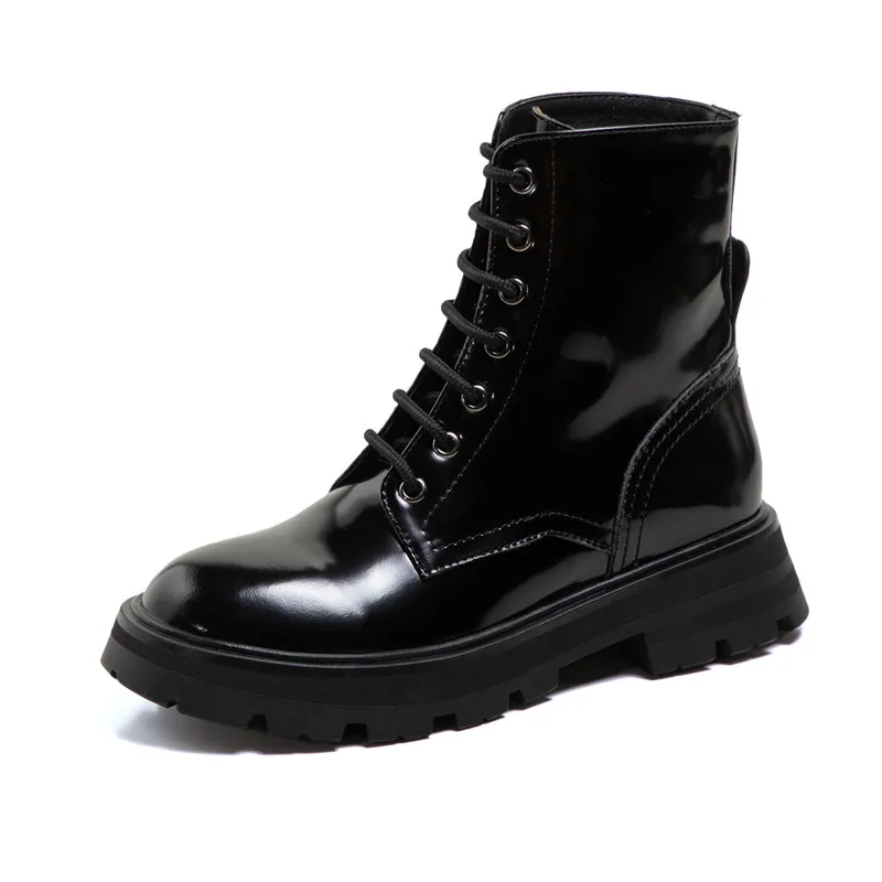 spesifikasi Asumer Sepatu Kulit Asli Baru 2021 Sepatu Bot Pergelangan Kaki Wanita Sepatu Kasual Modis Ujung Bundar Berenda Sepatu Bot Platform Datar Wanita