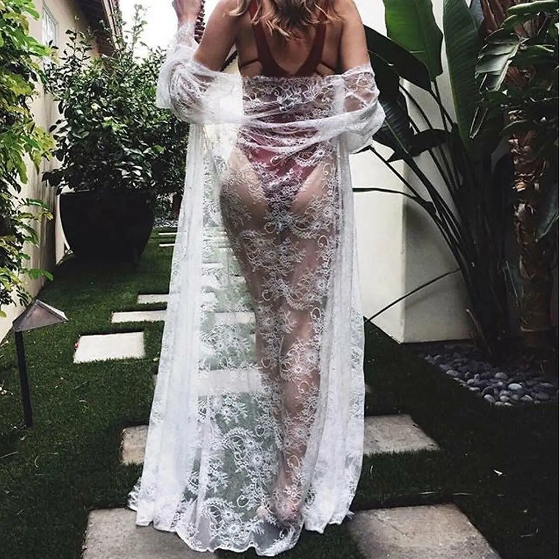 

Women Sexy Bikini Cover Up Beach Dress Summer Black White Lace Kimono Boho Long Maxi Dress Loose Swimsuit