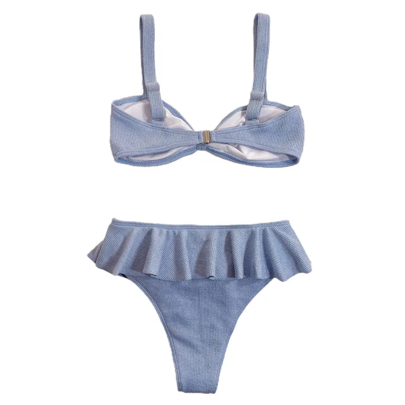 

Women Blue Bikini Set Casual Sexy Two Piece Bikini Suits Fashion Solid Color Knotted Suspender Tops and Ruffles High-waist Thong