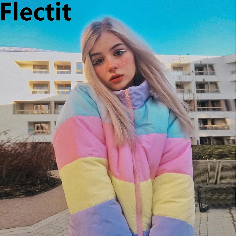 

Flectit Пастельная куртка-пуховик Толстая теплая парка с подкладкой пальто женское зимнее Харадзюку эстетическое пальто для девушек отдыха O * f