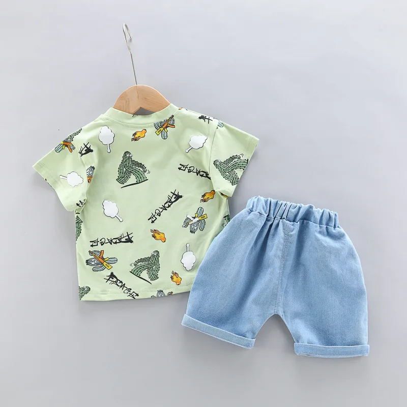 

Baby Boys Clothes O-Neck Cartoon Summer Clothes Casual Kids Girls Outfits Cotton Children T-shirt+ Letter Denim Shorts Clothing