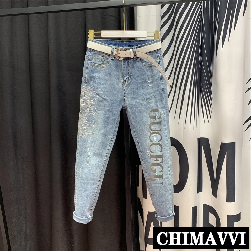 

Fashion Jeans Women 2020 New Spring Summer Slim Hot Drill Letters High Waist Skinny Pencil Trousers Stretch Denim Pants