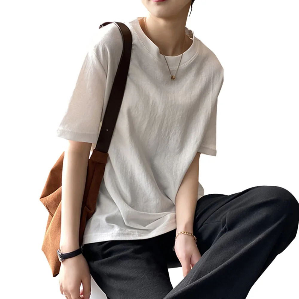 

Women Solid Color Retro Short Sleeve T-Shirt Cotton Tops Tees Casual Regular Round Neck All-Match Summer Tshirt White Grey