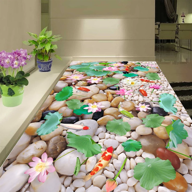 

Floor Stickers Waterproof Tiles Pond Koi Fish Floor Murals Pebbles Home Decoration