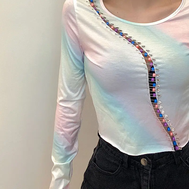 

Simple fashion personality hollow out long sleeve T-shirt women's high waist navel temperament versatile top