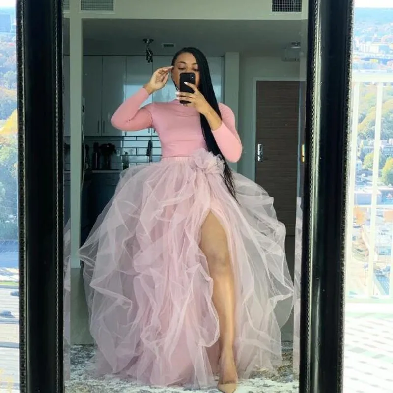 

Style Girl Skirt Sexy Slit New Arrival Saia faldas 2020 Dusty Pink Skirt Long Tutu Jupe Femme
