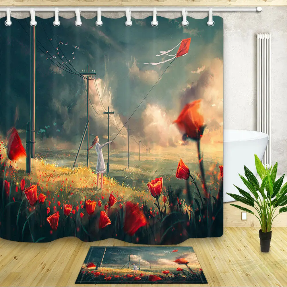 

Занавеска для душа с красным воздушным змеем для девушек, декоративная ткань для ванной комнаты и 12 крючков