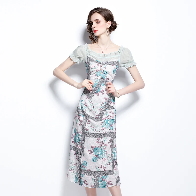 

2022 Summer Women's Dress Korean Style Retro Square Neck Print Mesh Stitching Dress New Waist Female Slim Dresses X765