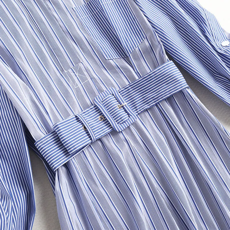 

2021 Spring New Designer Fashion Long Striped Patchwork Shirt Dress with Belt