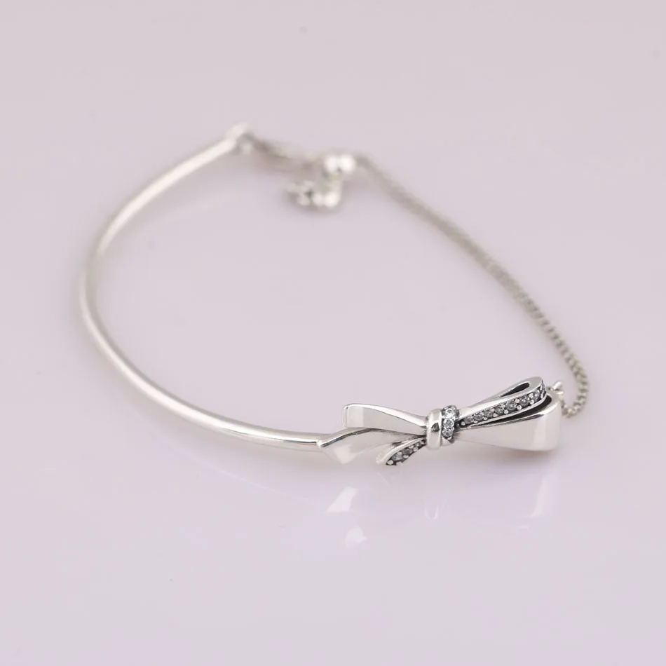 

Authentic S925 Sterling Silver Brilliant Bow With Crystal Bracelet Bangle For Women fit Lady Bead Charm DIY Jewelry
